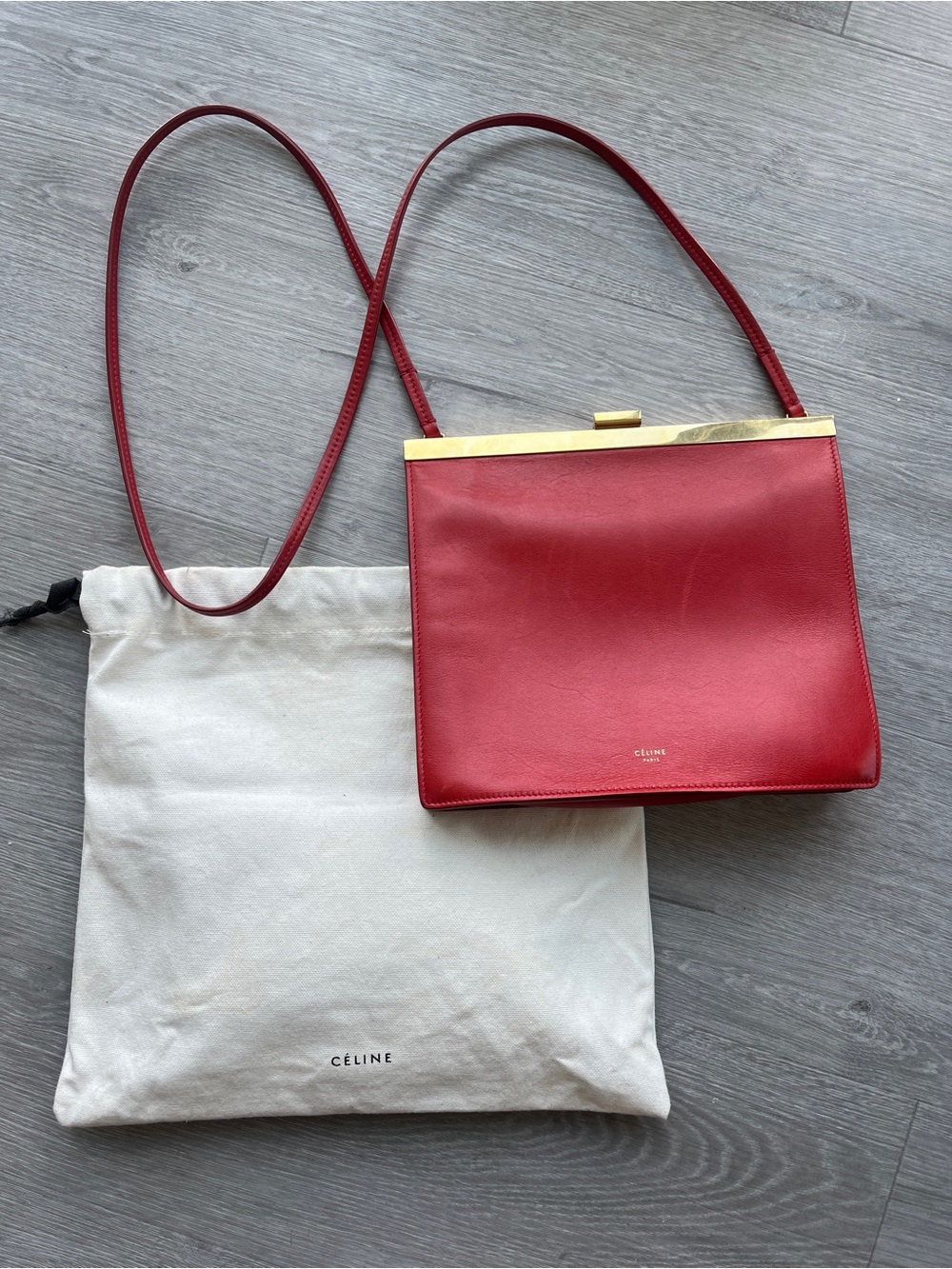 Celine Red Leather Crossbody with Gold-Tone Frame